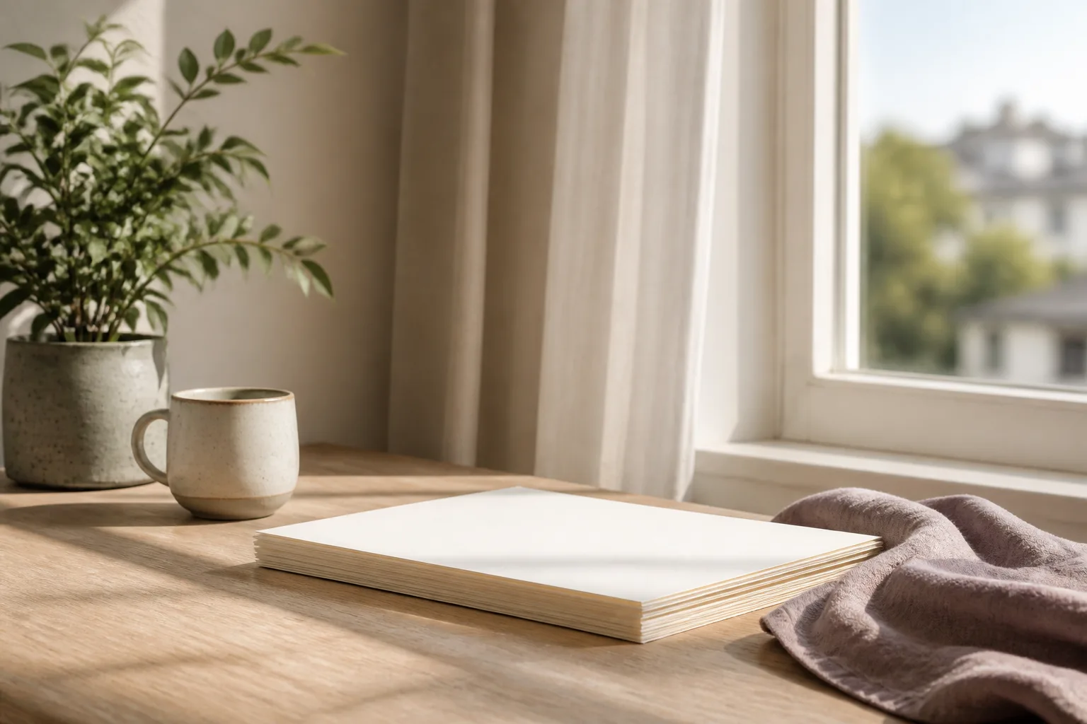 Sunlit desk beside a tall window, stacked paper notes with clipped pages, a ceramic cup, and a folded day map, pale wood grain and a quiet indoor plant, 1920x1080