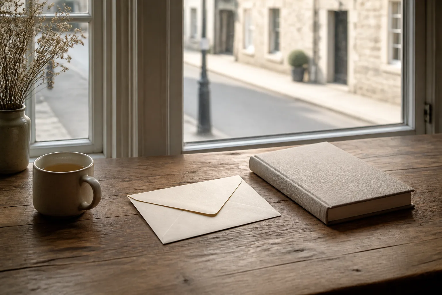 Wooden desk with handwritten field notes, a printed host letter with a paperclip, a mug of tea, and a window looking onto a quiet street at mid-morning, 1600x900