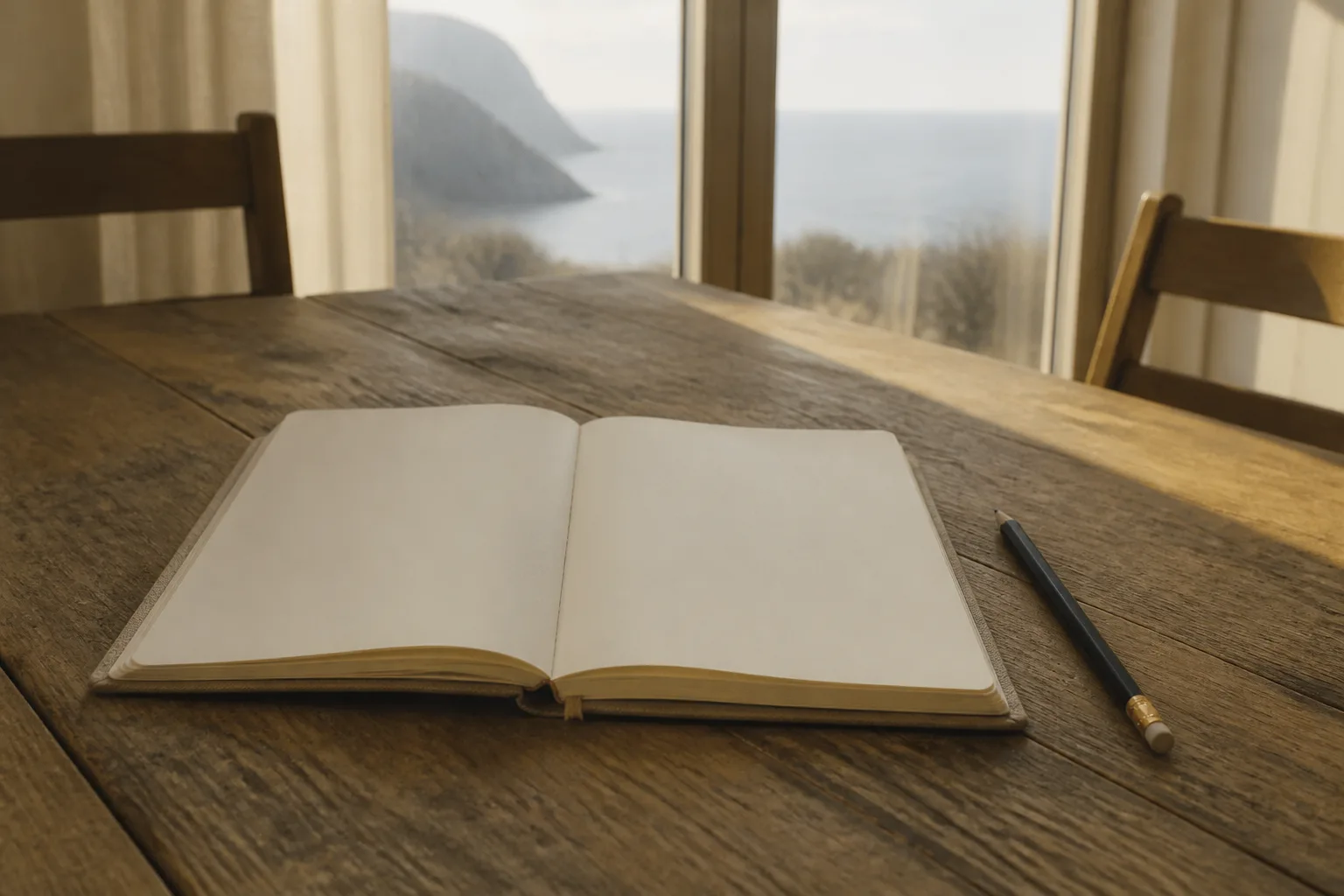 Open cloth-bound notebook on a scratched rental table, pencil beside a circled list of names, late afternoon light through a tall window, empty chairs pushed back, 1920x1080
