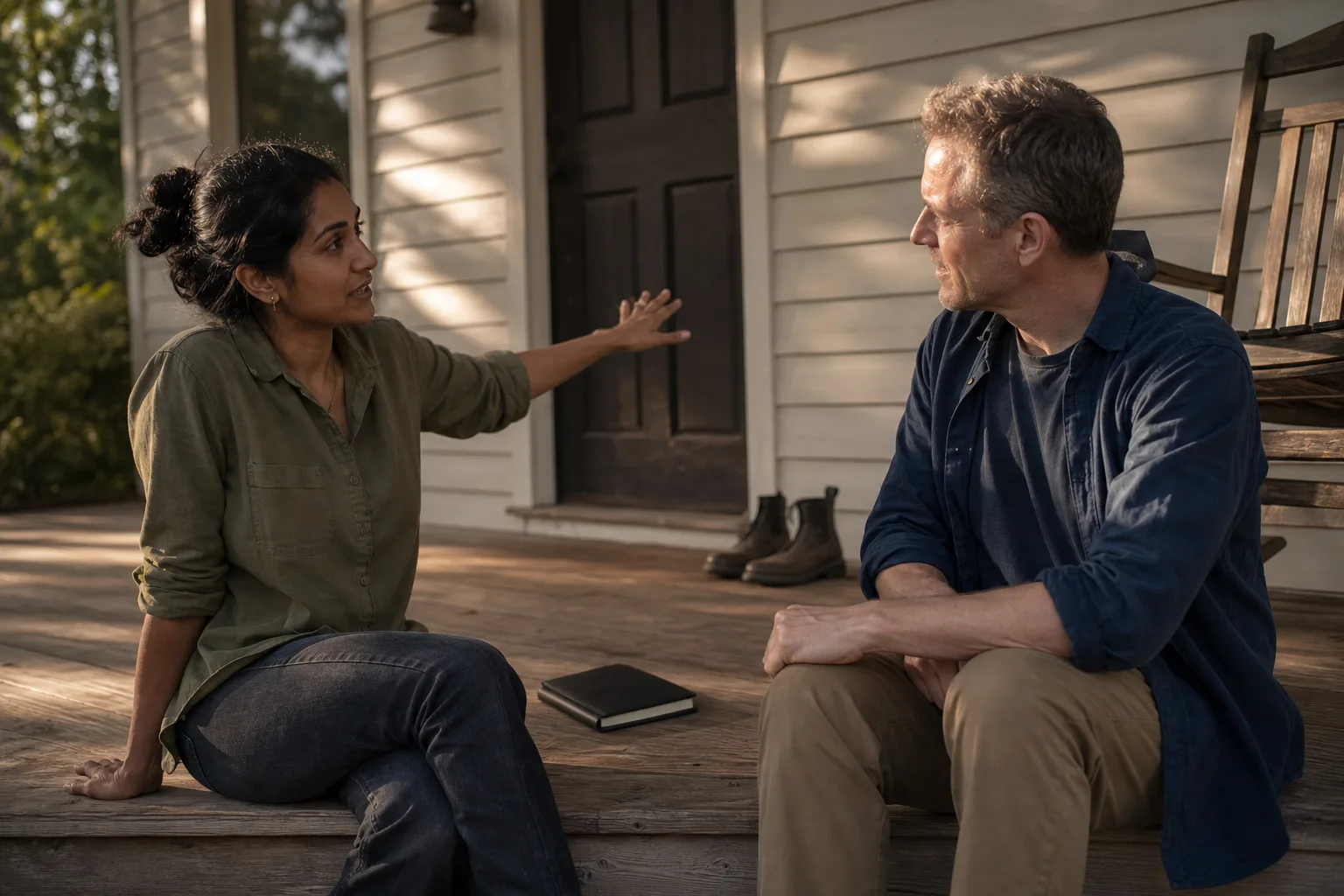Two people seated on a wooden porch with a notebook between them, one gesturing toward the house door, late-day light on clapboard siding, a pair of boots by the step, 1600x900