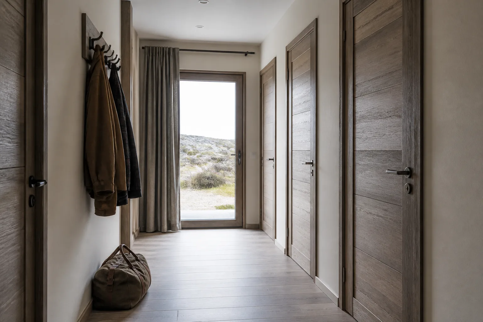 Narrow rental hallway with three closed wooden doors, a row of hooks with jackets, a duffel on the floor, cool daylight from a glass door at the far end, 1600x900
