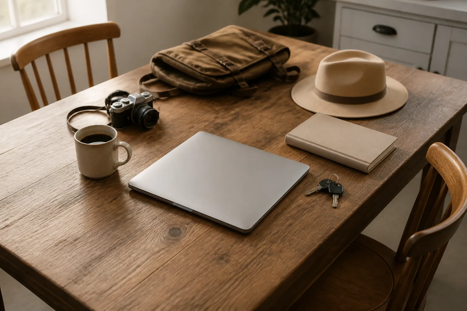 Kitchen table with an open laptop showing a lodging listing, a paper notebook with names in two columns, spare keys, and a second chair pulled close, 1600x900