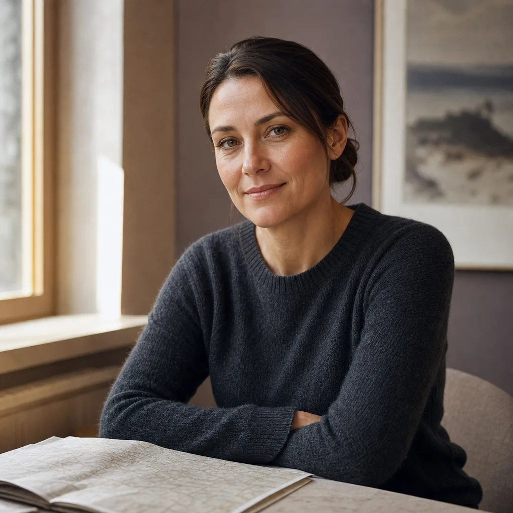 Elena Voss, portrait of a woman in her early forties with dark brown hair in a low knot, charcoal knit sweater, seated by a sunlit window with a folded paper map on the table, 400x400