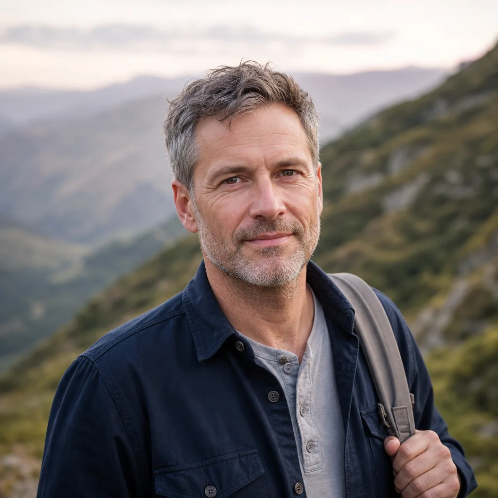 Marcus Hale, portrait of a man in his mid-forties with short salt-and-pepper hair and a navy overshirt, standing outdoors with a daypack strap on one shoulder, soft hillside behind him, 400x400