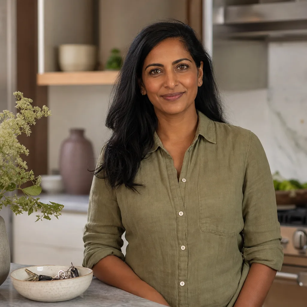Priya Langford, portrait of a woman in her mid-thirties with black hair over one shoulder, olive linen shirt, standing in a bright kitchen with a ceramic bowl of keys on the counter, 400x400