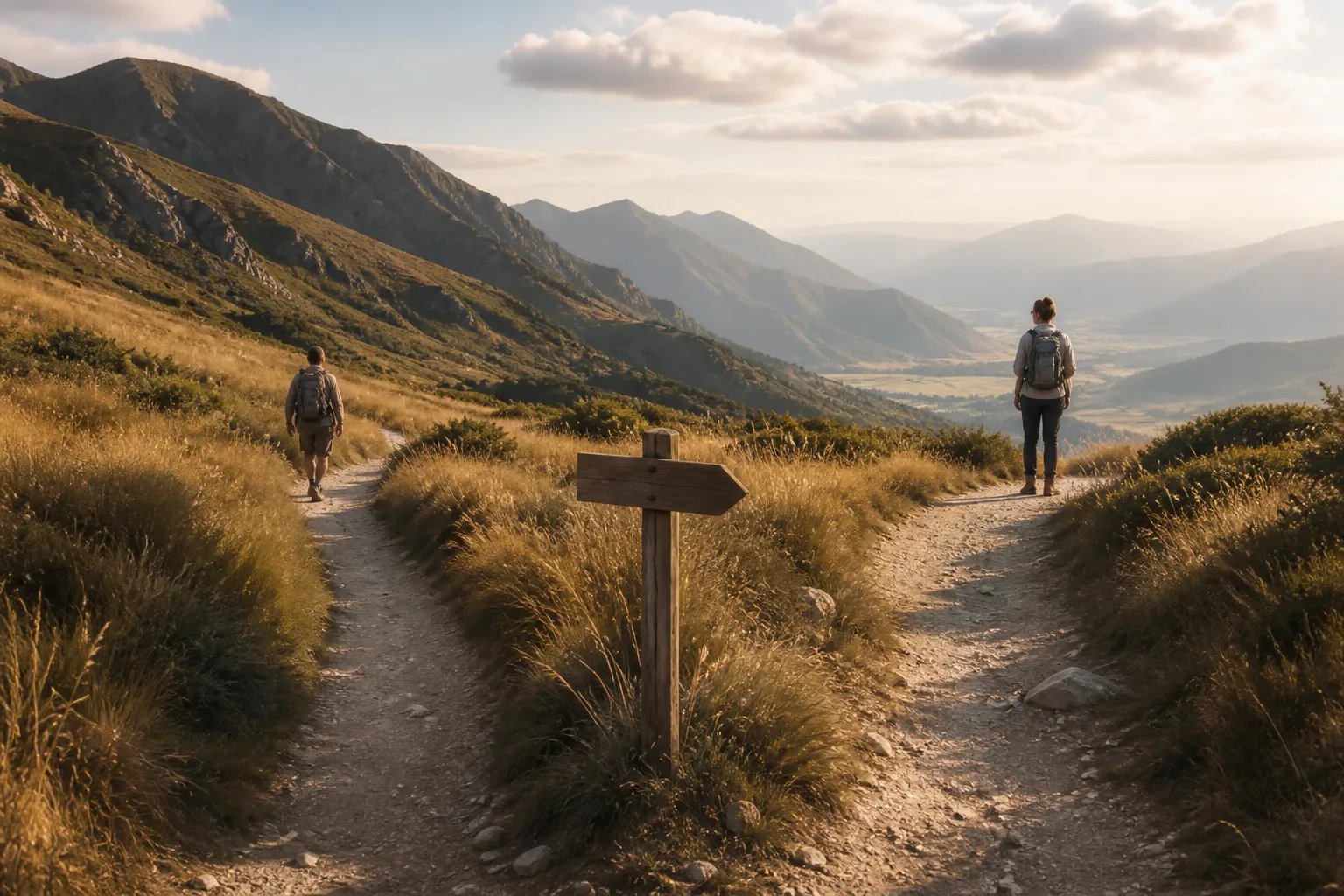 Forked dirt path in late afternoon, one walker ahead on the left track, another paused on the right looking at a valley, long grass and a wooden signpost, 1600x900